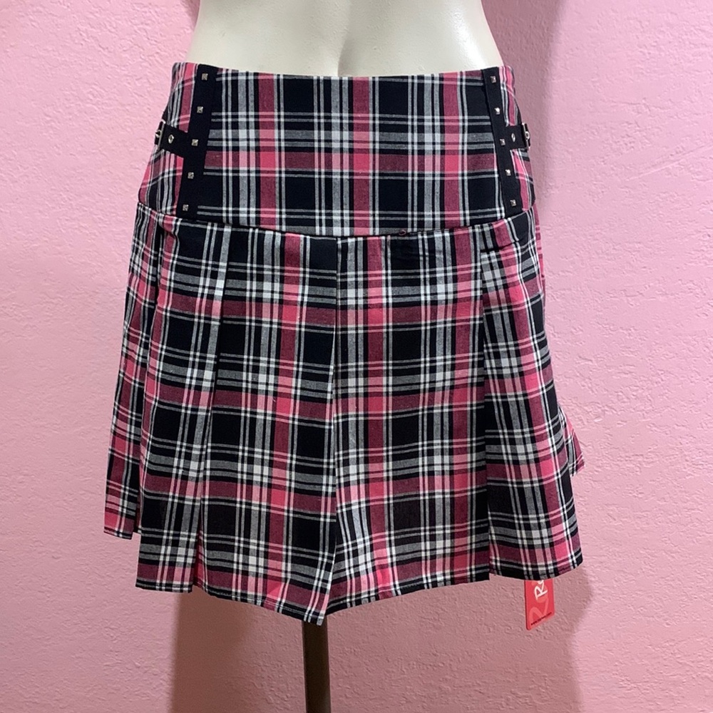 New ROMWE Pink and Black Plaid Pleated Skater Skirt S